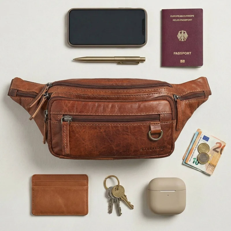 "Robin" Premium Bauchtasche Herren Leder mit 6 Reißverschlussfächern
