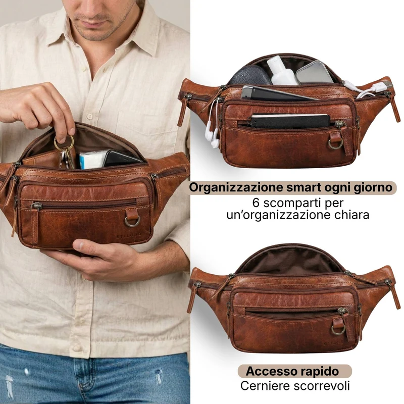 "Robin" Premium Bauchtasche Herren Leder mit 6 Reißverschlussfächern