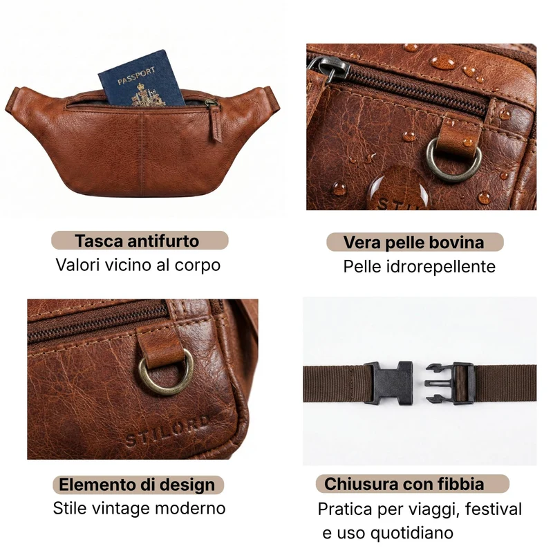 "Robin" Premium Bauchtasche Herren Leder mit 6 Reißverschlussfächern