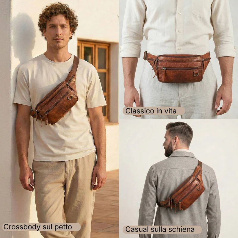 "Robin" Premium Bauchtasche Herren Leder mit 6 Reißverschlussfächern