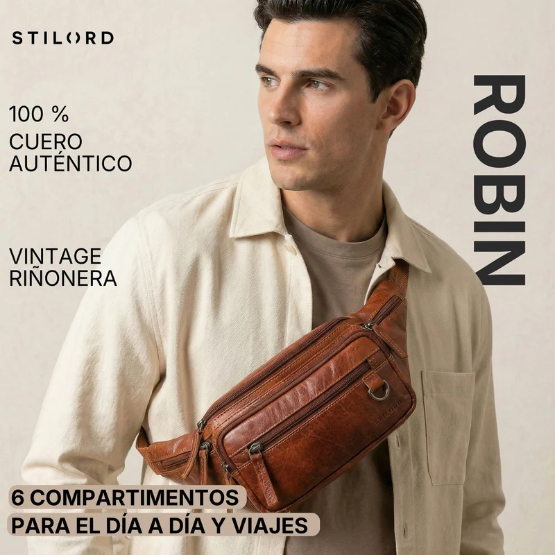 "Robin" Premium Bauchtasche Herren Leder mit 6 Reißverschlussfächern