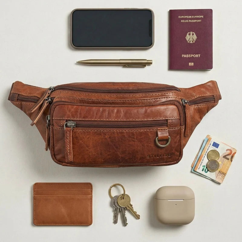 "Robin" Premium Bauchtasche Herren Leder mit 6 Reißverschlussfächern