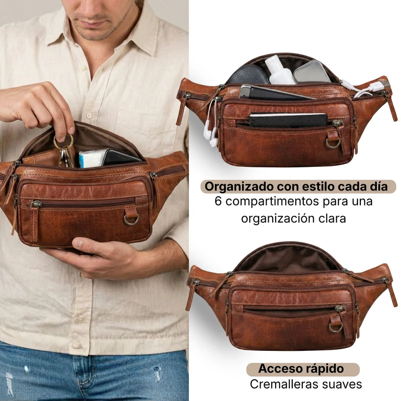 "Robin" Premium Bauchtasche Herren Leder mit 6 Reißverschlussfächern