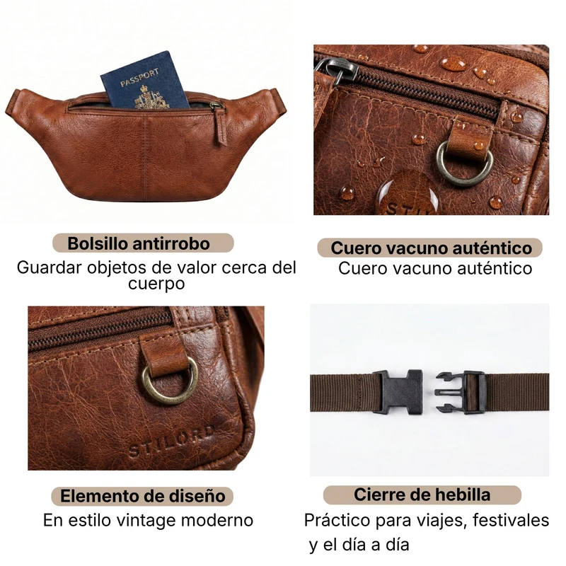 "Robin" Premium Bauchtasche Herren Leder mit 6 Reißverschlussfächern
