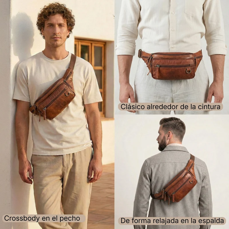 "Robin" Premium Bauchtasche Herren Leder mit 6 Reißverschlussfächern