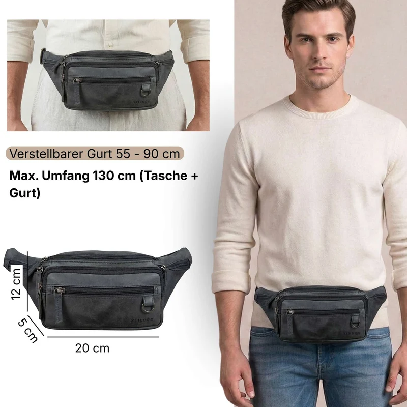 "Robin" Premium Bauchtasche Herren Leder mit 6 Reißverschlussfächern
