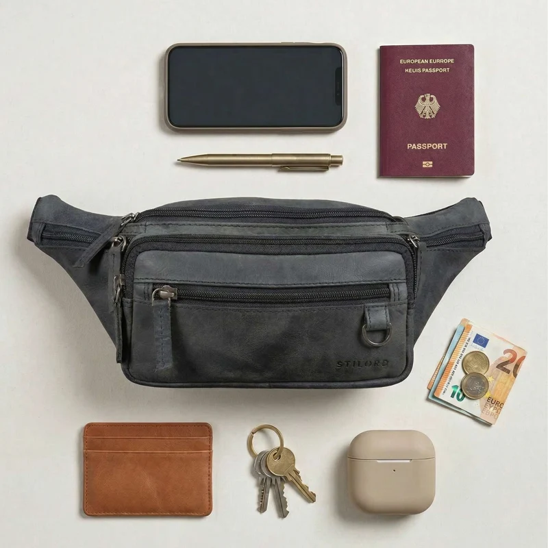 "Robin" Premium Bauchtasche Herren Leder mit 6 Reißverschlussfächern