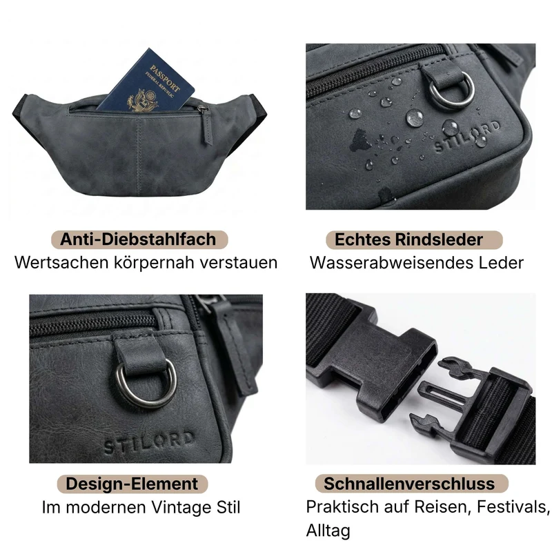"Robin" Premium Bauchtasche Herren Leder mit 6 Reißverschlussfächern