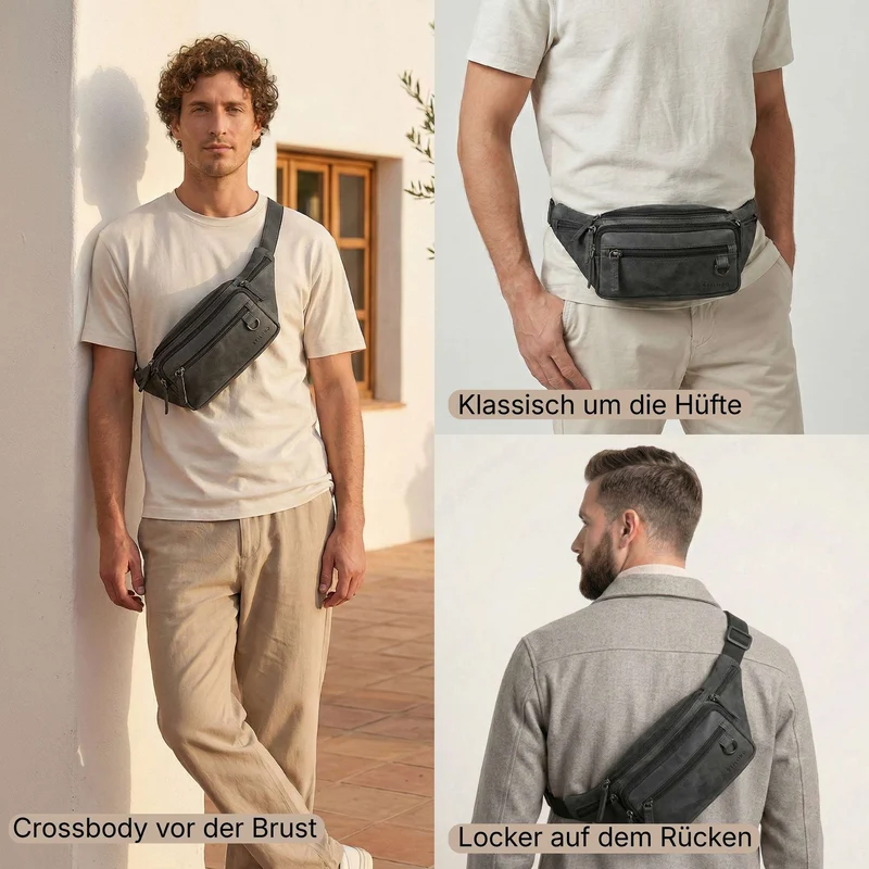 "Robin" Premium Bauchtasche Herren Leder mit 6 Reißverschlussfächern