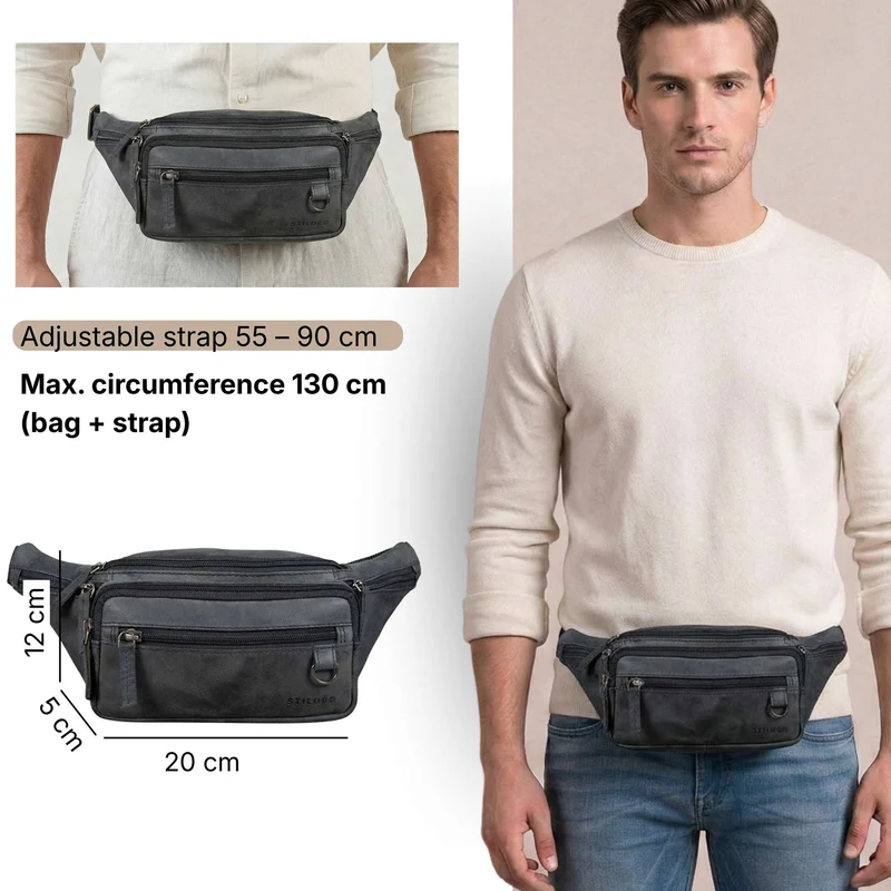"Robin" Premium Bauchtasche Herren Leder mit 6 Reißverschlussfächern
