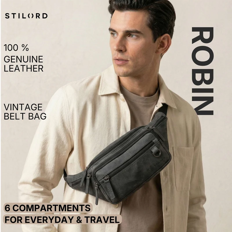 "Robin" Premium Bauchtasche Herren Leder mit 6 Reißverschlussfächern