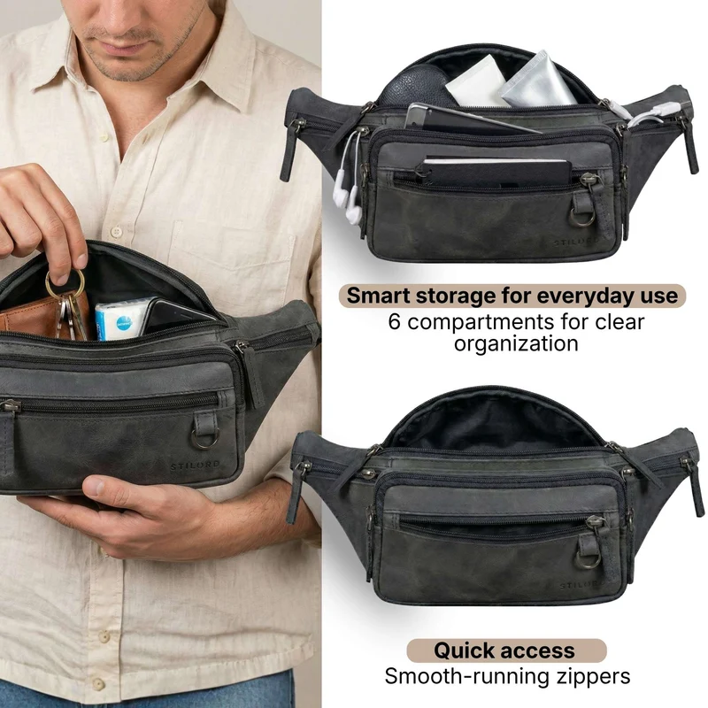 "Robin" Premium Bauchtasche Herren Leder mit 6 Reißverschlussfächern