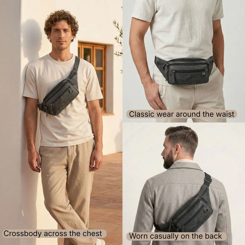 "Robin" Premium Bauchtasche Herren Leder mit 6 Reißverschlussfächern