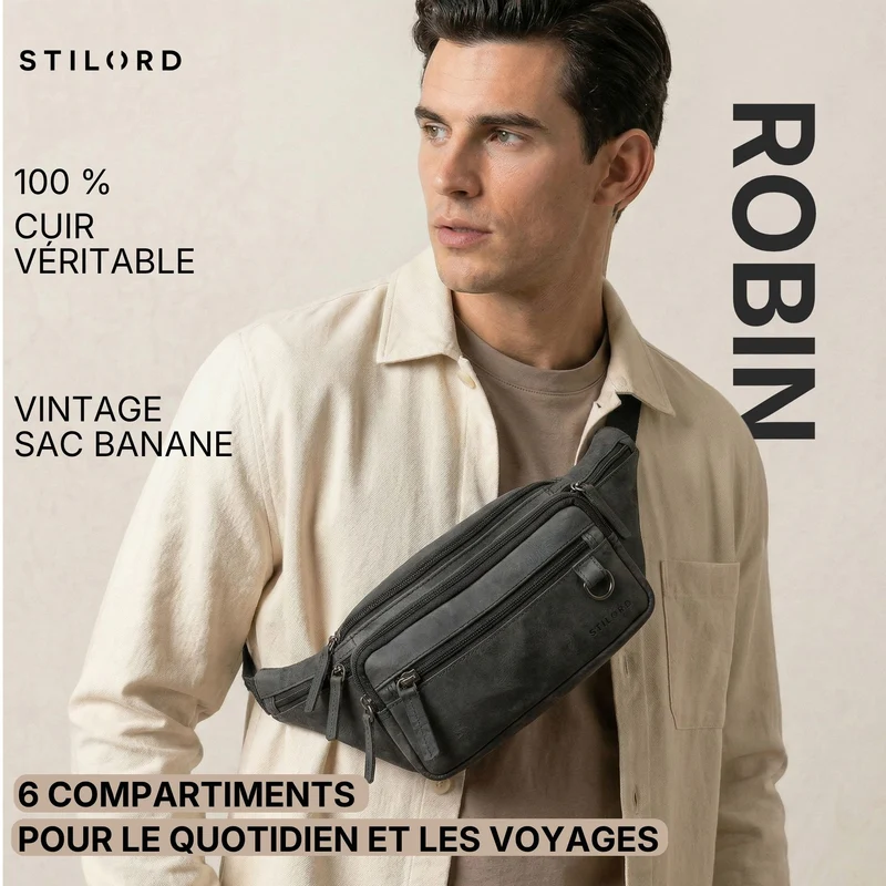 "Robin" Premium Bauchtasche Herren Leder mit 6 Reißverschlussfächern