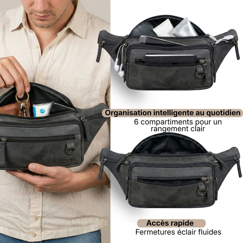 "Robin" Premium Bauchtasche Herren Leder mit 6 Reißverschlussfächern
