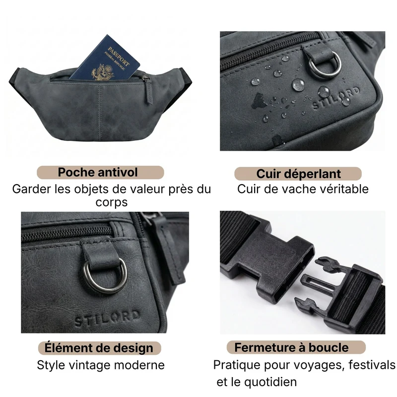 "Robin" Premium Bauchtasche Herren Leder mit 6 Reißverschlussfächern