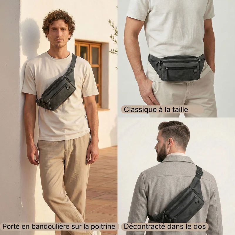 "Robin" Premium Bauchtasche Herren Leder mit 6 Reißverschlussfächern