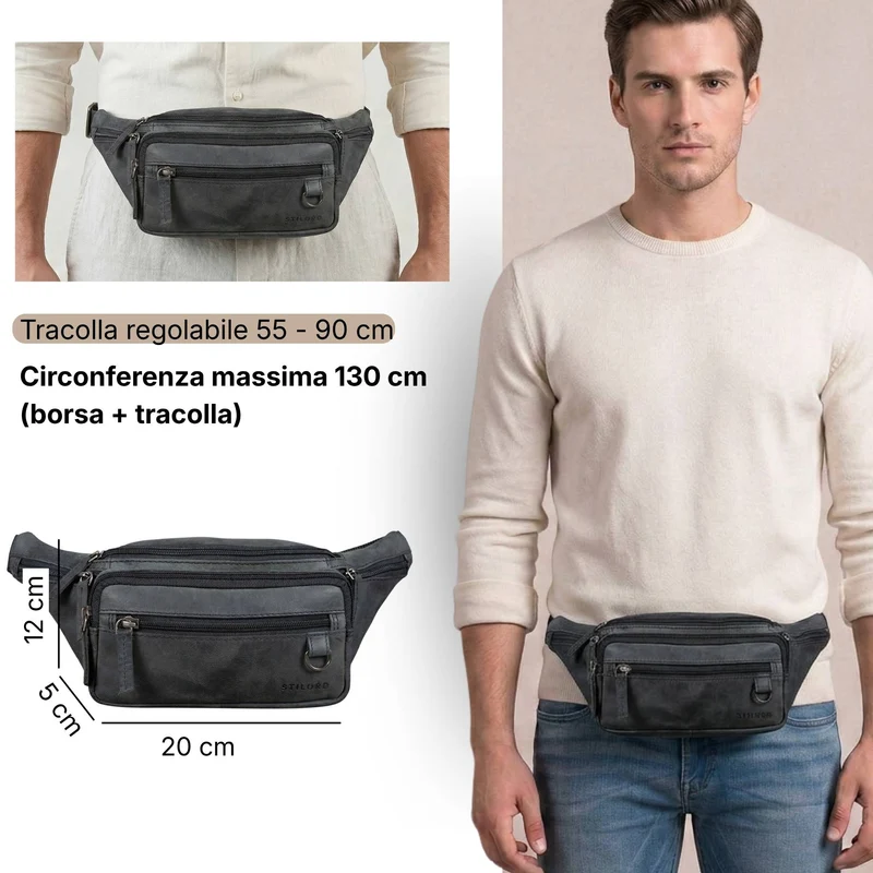"Robin" Premium Bauchtasche Herren Leder mit 6 Reißverschlussfächern