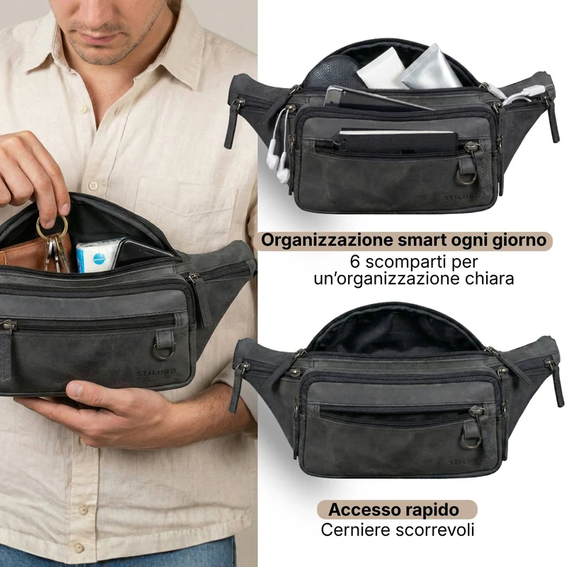 "Robin" Premium Bauchtasche Herren Leder mit 6 Reißverschlussfächern
