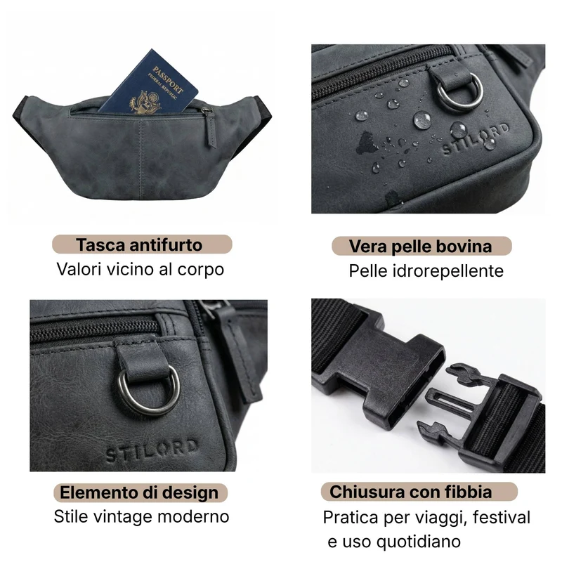 "Robin" Premium Bauchtasche Herren Leder mit 6 Reißverschlussfächern