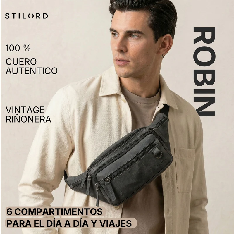 "Robin" Premium Bauchtasche Herren Leder mit 6 Reißverschlussfächern