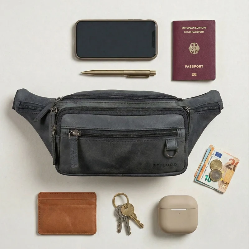 "Robin" Premium Bauchtasche Herren Leder mit 6 Reißverschlussfächern