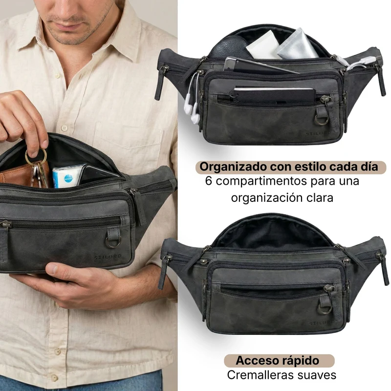 "Robin" Premium Bauchtasche Herren Leder mit 6 Reißverschlussfächern