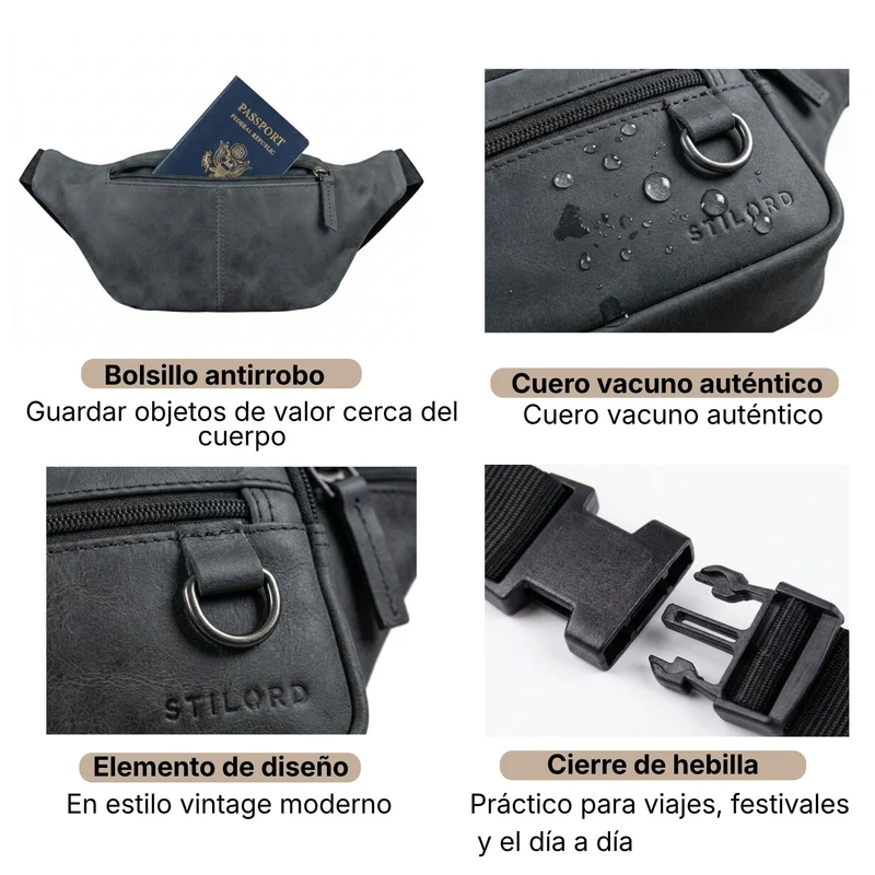 "Robin" Premium Bauchtasche Herren Leder mit 6 Reißverschlussfächern
