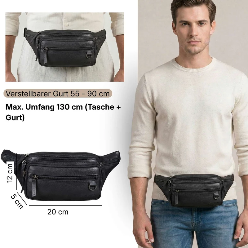 "Robin" Premium Bauchtasche Herren Leder mit 6 Reißverschlussfächern