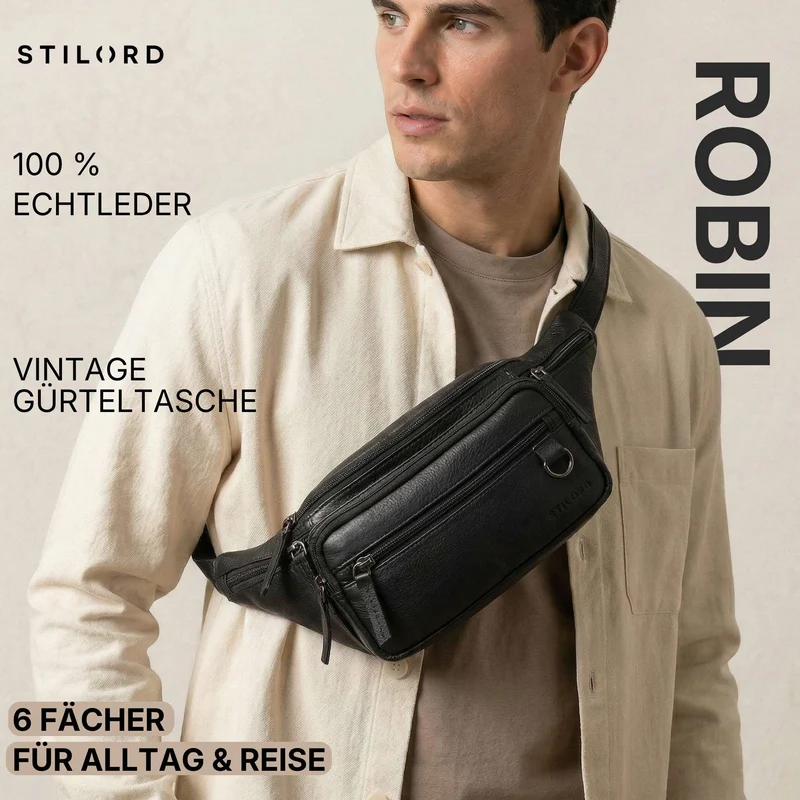 "Robin" Premium Bauchtasche Herren Leder mit 6 Reißverschlussfächern