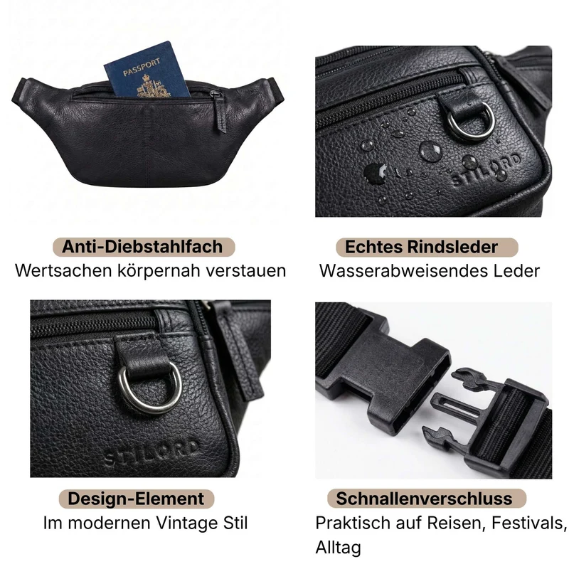 "Robin" Premium Bauchtasche Herren Leder mit 6 Reißverschlussfächern