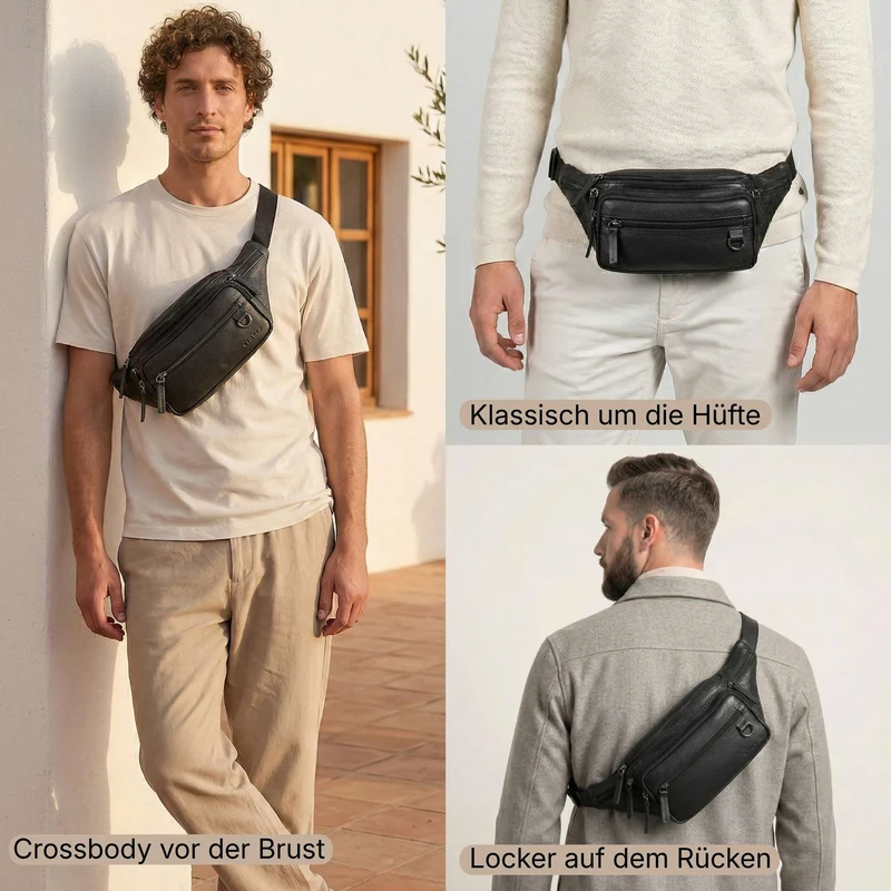"Robin" Premium Bauchtasche Herren Leder mit 6 Reißverschlussfächern