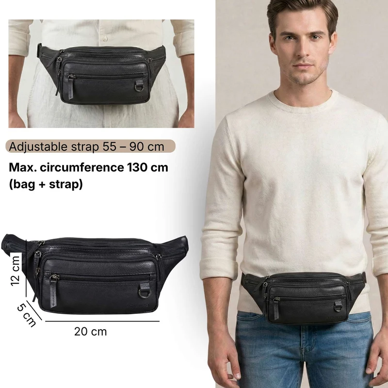 "Robin" Premium Bauchtasche Herren Leder mit 6 Reißverschlussfächern