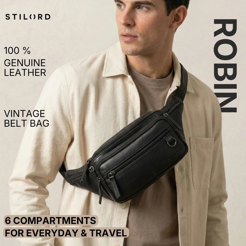 "Robin" Premium Bauchtasche Herren Leder mit 6 Reißverschlussfächern