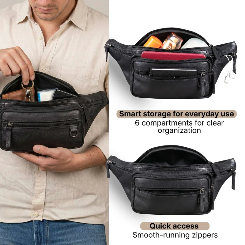 "Robin" Premium Bauchtasche Herren Leder mit 6 Reißverschlussfächern