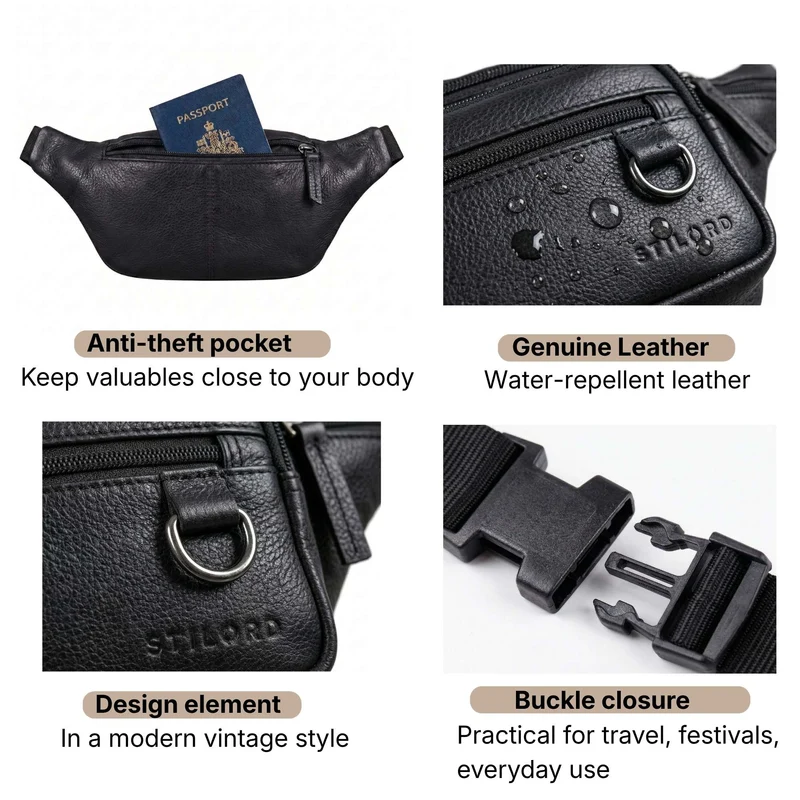 "Robin" Premium Bauchtasche Herren Leder mit 6 Reißverschlussfächern