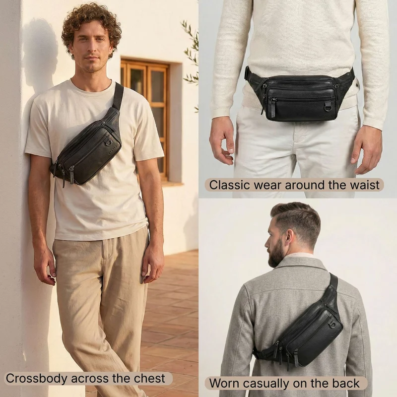 "Robin" Premium Bauchtasche Herren Leder mit 6 Reißverschlussfächern