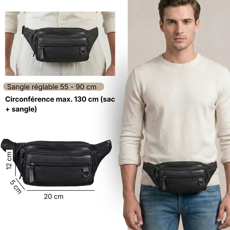 "Robin" Premium Bauchtasche Herren Leder mit 6 Reißverschlussfächern