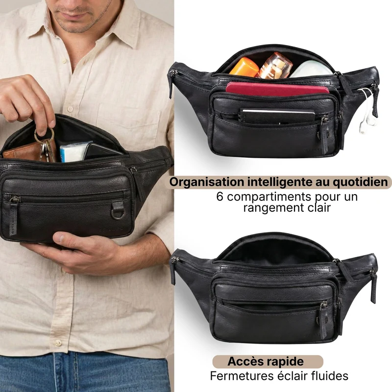 "Robin" Premium Bauchtasche Herren Leder mit 6 Reißverschlussfächern