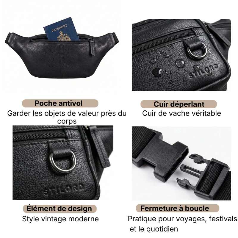 "Robin" Premium Bauchtasche Herren Leder mit 6 Reißverschlussfächern