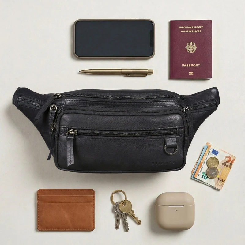 "Robin" Premium Bauchtasche Herren Leder mit 6 Reißverschlussfächern