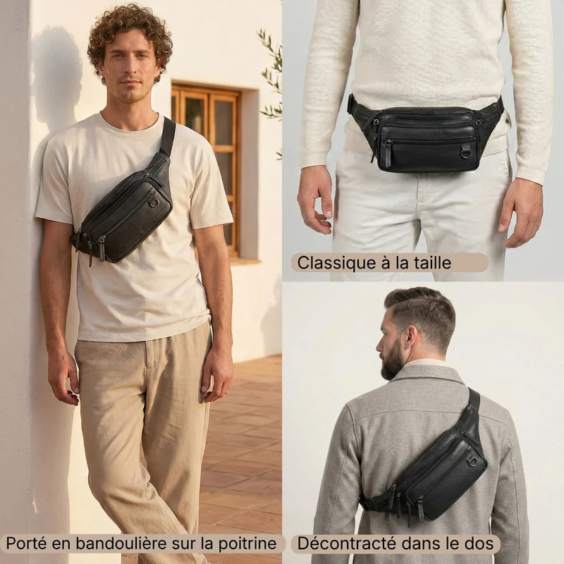 "Robin" Premium Bauchtasche Herren Leder mit 6 Reißverschlussfächern