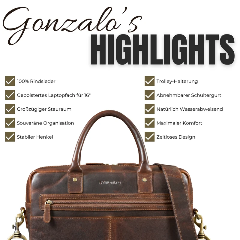 "Gonzalo" Business Aktentasche Herren Leder Groß Laptoptasche 15.6 bis 16 Zoll