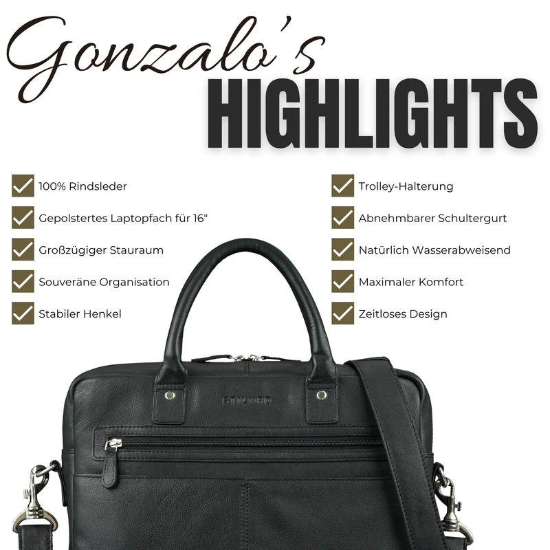 "Gonzalo" Business Aktentasche Herren Leder Groß Laptoptasche 15.6 bis 16 Zoll