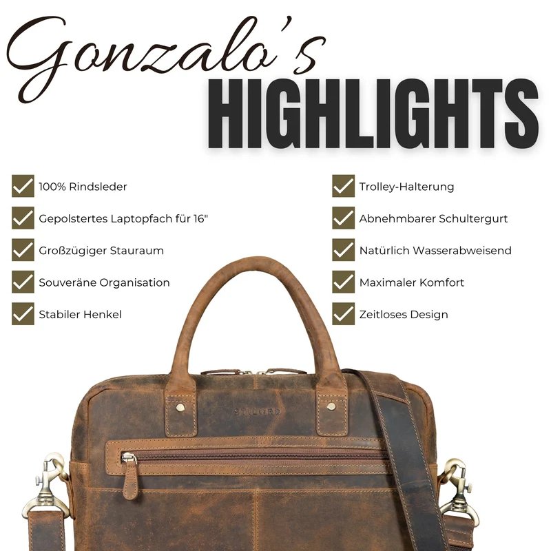 "Gonzalo" Business Aktentasche Herren Leder Groß Laptoptasche 15.6 bis 16 Zoll