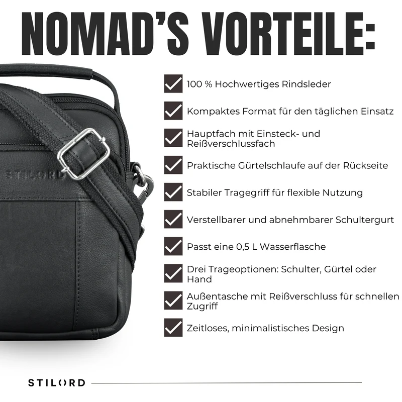 "Nomad" Modische Umhängetasche Herren Leder Klein