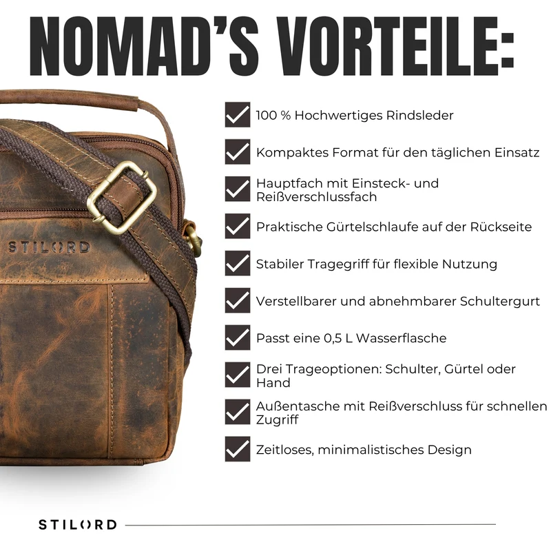 "Nomad" Modische Umhängetasche Herren Leder Klein