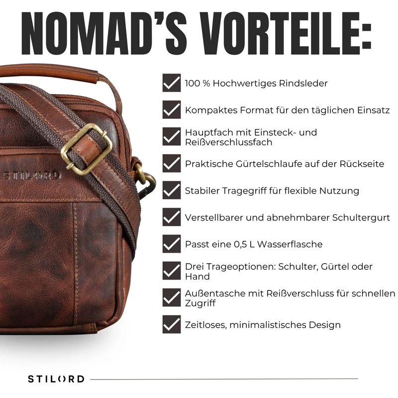 "Nomad" Modische Umhängetasche Herren Leder Klein