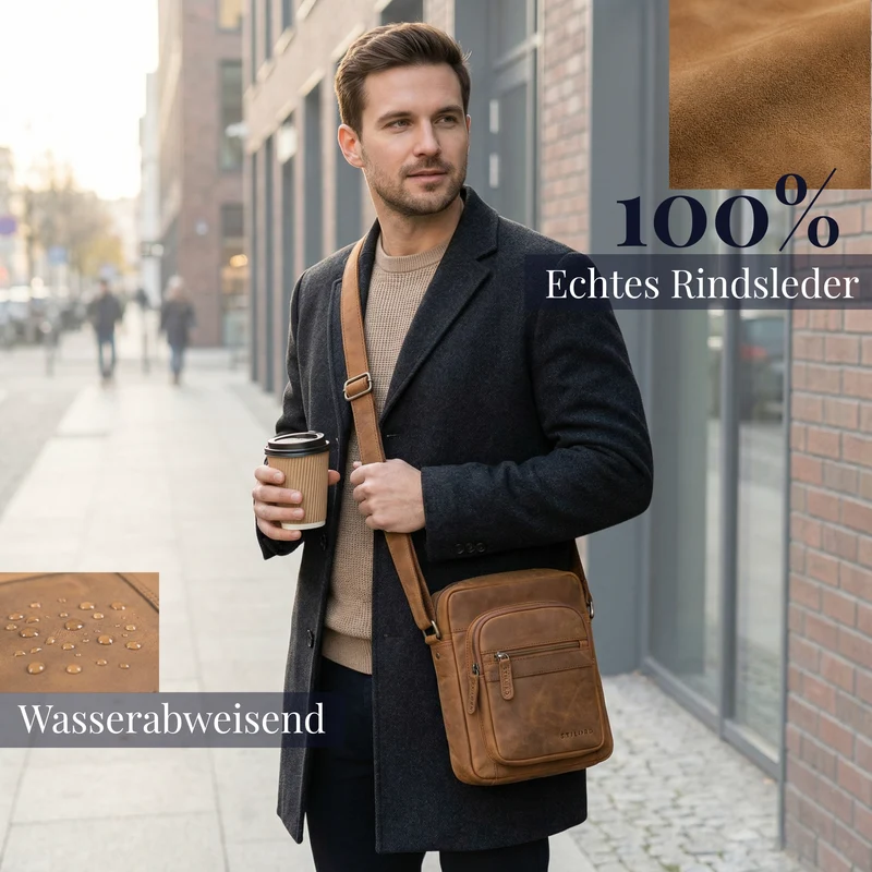"Joao" Vintage Umhängetasche Herren Klein Leder für Tablet 10 Zoll