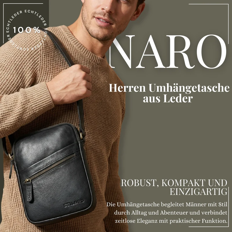 "Naro" Stilvolle Umhängetasche Herren Leder Klein für Tablet bis 10 Zoll